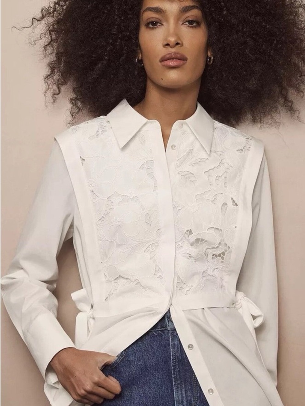 Women's White Lace-Panel Button-Down Shirt